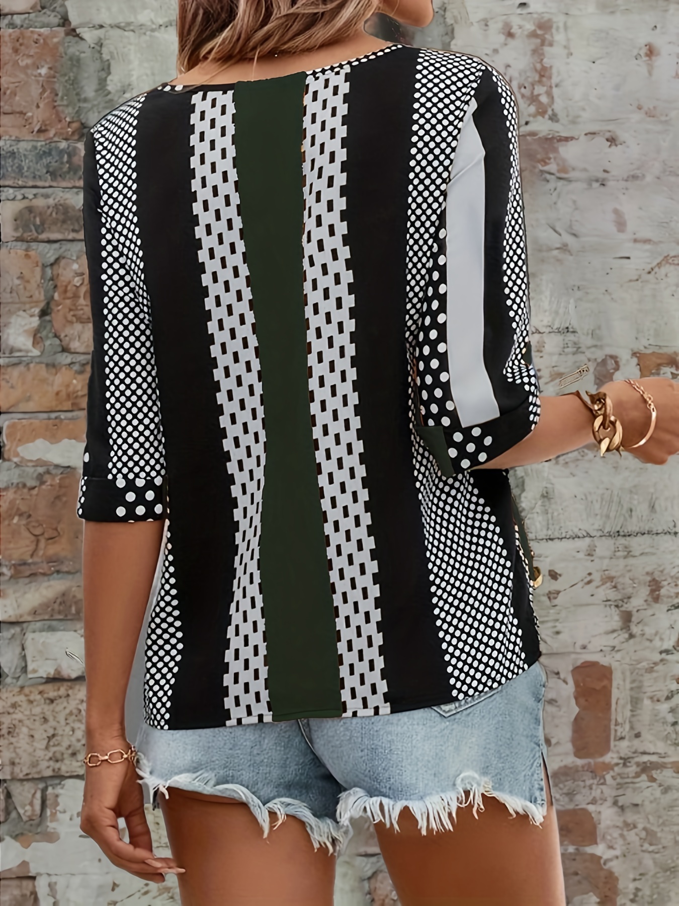 Long-sleeved Blouse - Black/white dotted - Ladies