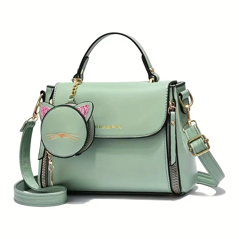 cute handbag with cat coin purse small zipper decor crossbody bag womens top handle square purse details 4