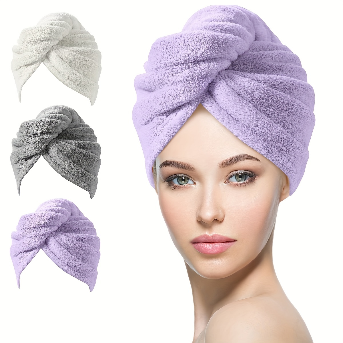 

3pcs Hair Towel Wrap For Women, Rapid Drying Towels For Hair With Button, Water Absorbent Hair Turbans For Wet Hair Long Thick Curly Hair, Soft Hair Drying Towel Wrap