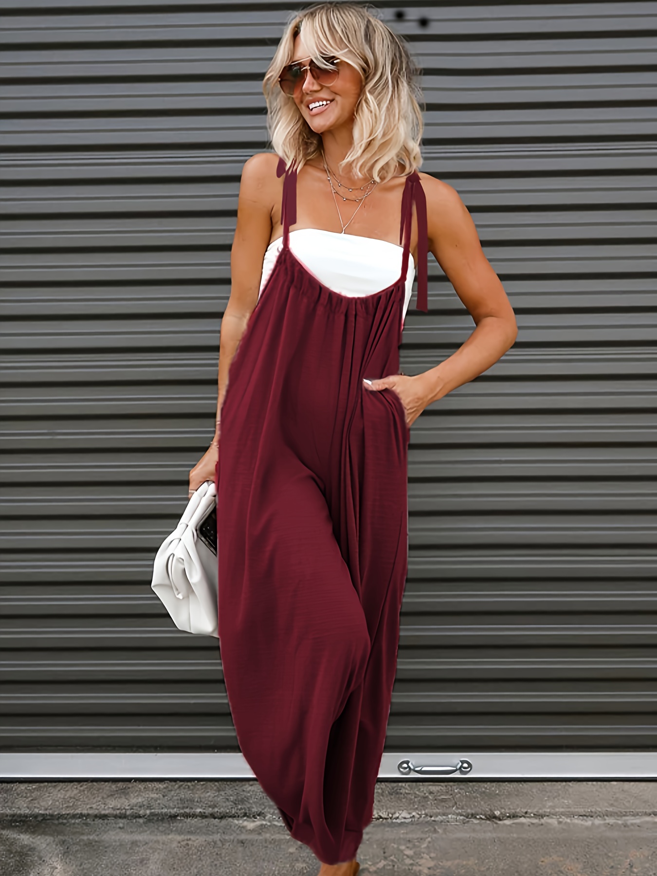 Solid Sleeveless Slanted Shoulder Tie Waist Jumpsuit Pockets - Temu