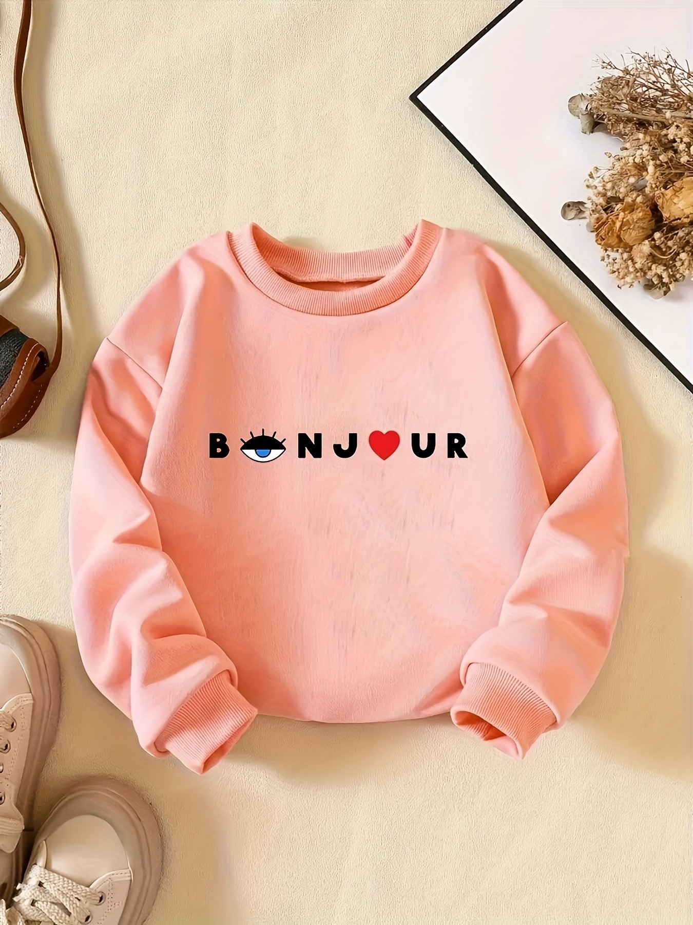 Creative Bonjour Print Girls Round Neck Sweatshirt Pullovers For