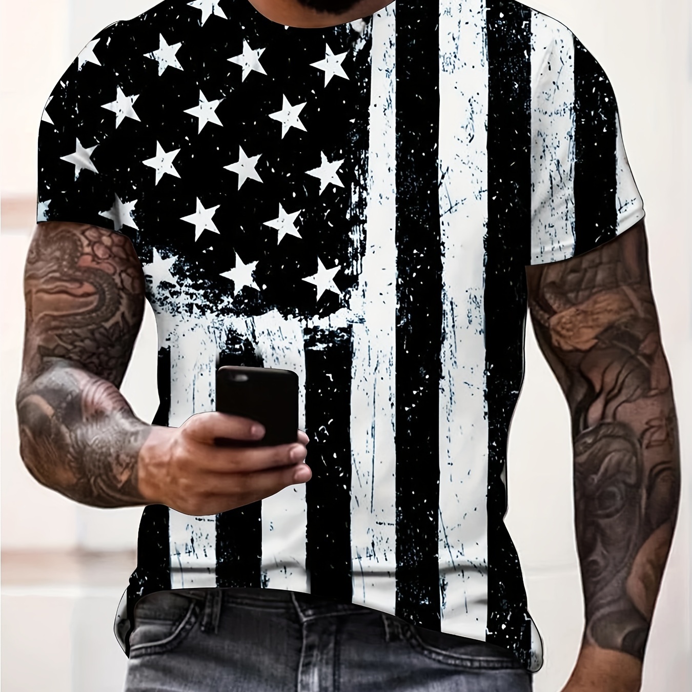 

Distressed American Flag 3d Digital Pattern Print Graphic T-shirts, Independence Day The 4th Of July, Causal Tees, Short Sleeves Comfortable Pullover Tops, Men's Summer Clothing