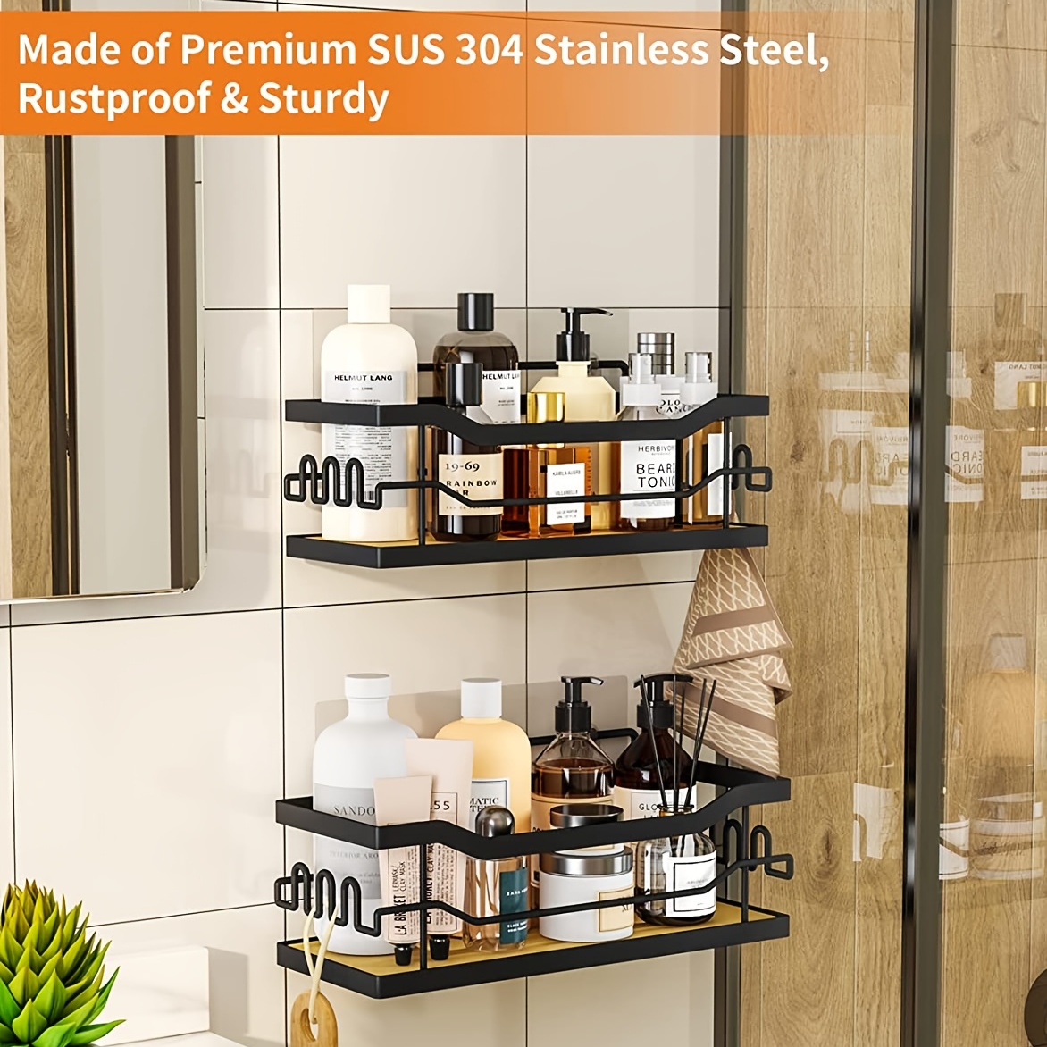 Cubilan Wall Mount Adhesive Stainless Steel Corner Shower Caddy Organizer  Shelf with 8 hooks in Matte Black 2-Pack HD-36P - The Home Depot