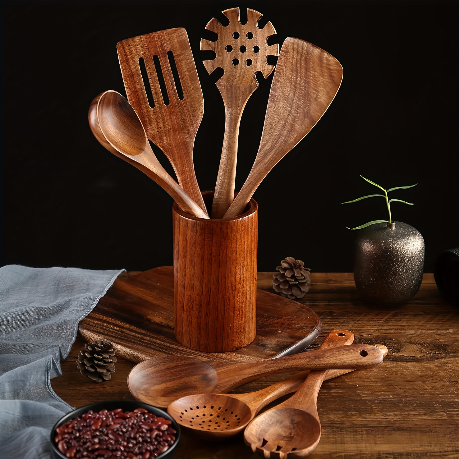 Kitchen Utensils Set, Wooden Spoons for Cooking Non-Stick Pan Kitchen Tool  Wood