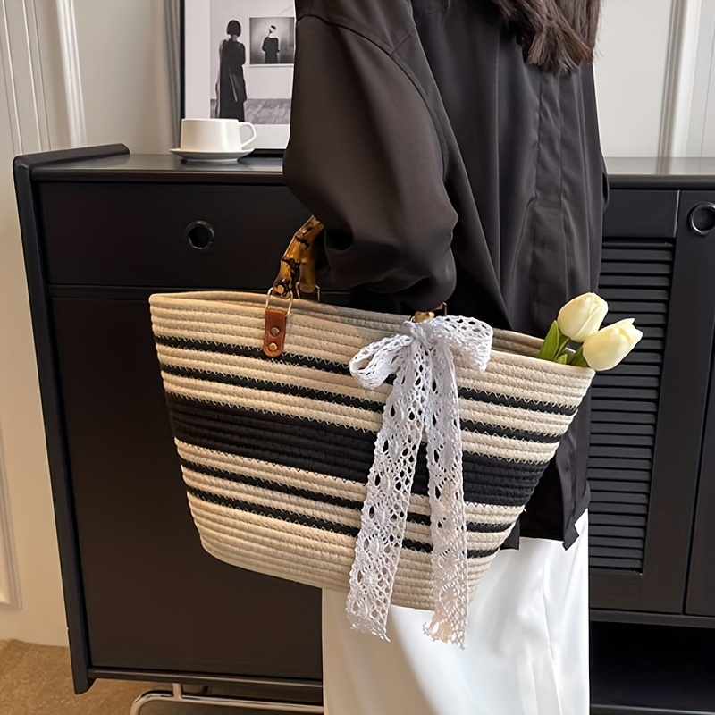 Ribbon Straw Beach Tote