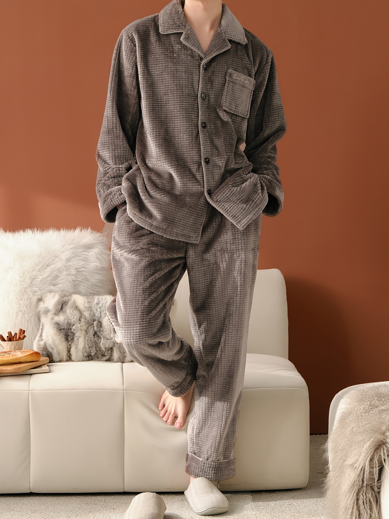 Conjunto de pijama de rizo para hombre cálido de invierno con puños en  manga y piernas, perfecto para noches frías