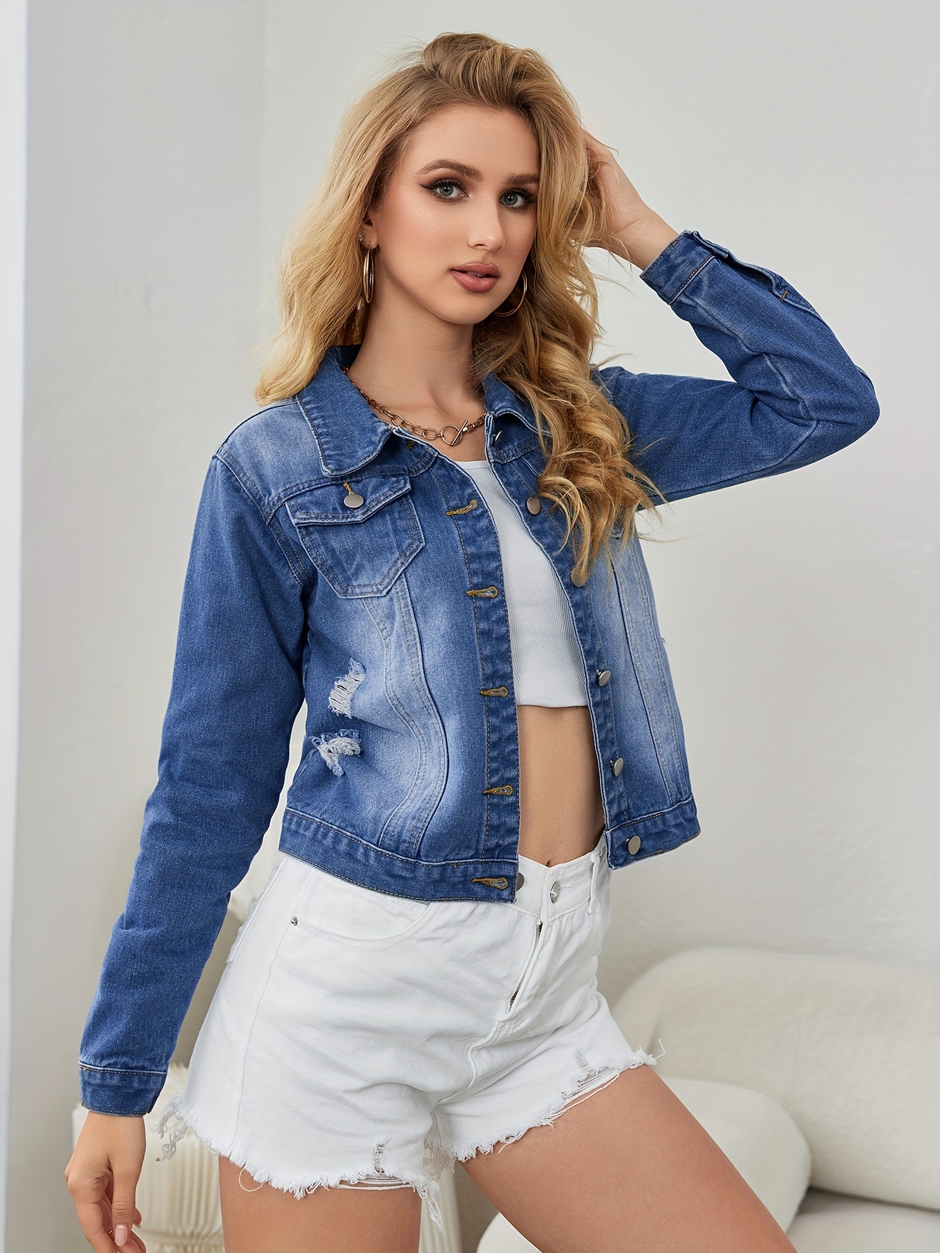 Blue Long Sleeves Denim Jackets Ripped Holes Non stretch - Temu Canada
