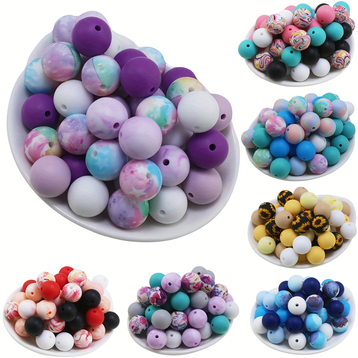 

Total 32/64pcs, Including 28pcs 12mm Solid Color Silicone Round Beads + 4pcs 15mm Watermark Beads, 56pcs 12mm Solid Color Silicone Round Beads + 8pcs 15mm Watermark Beads