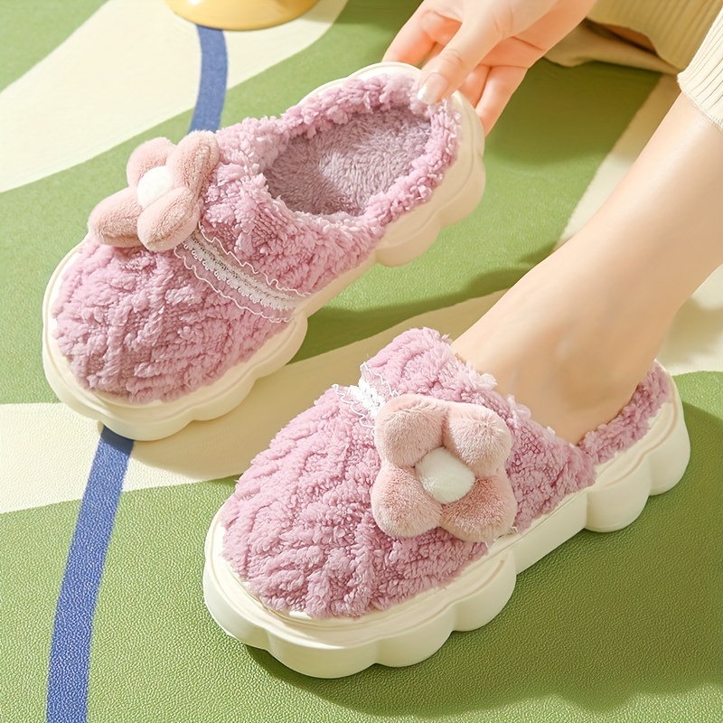 Cute 3d Flower Fuzzy House Slippers Closed Toe Memory Foam - Temu