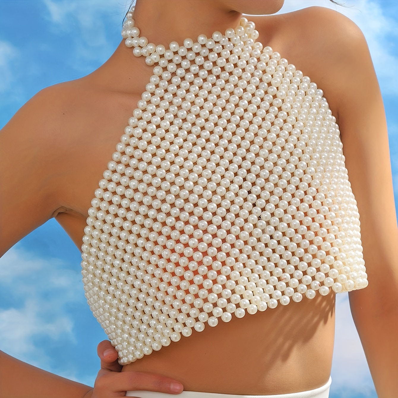 Faux Pearls Crop Top Body Chain Personality Club Wear/ Party - Temu