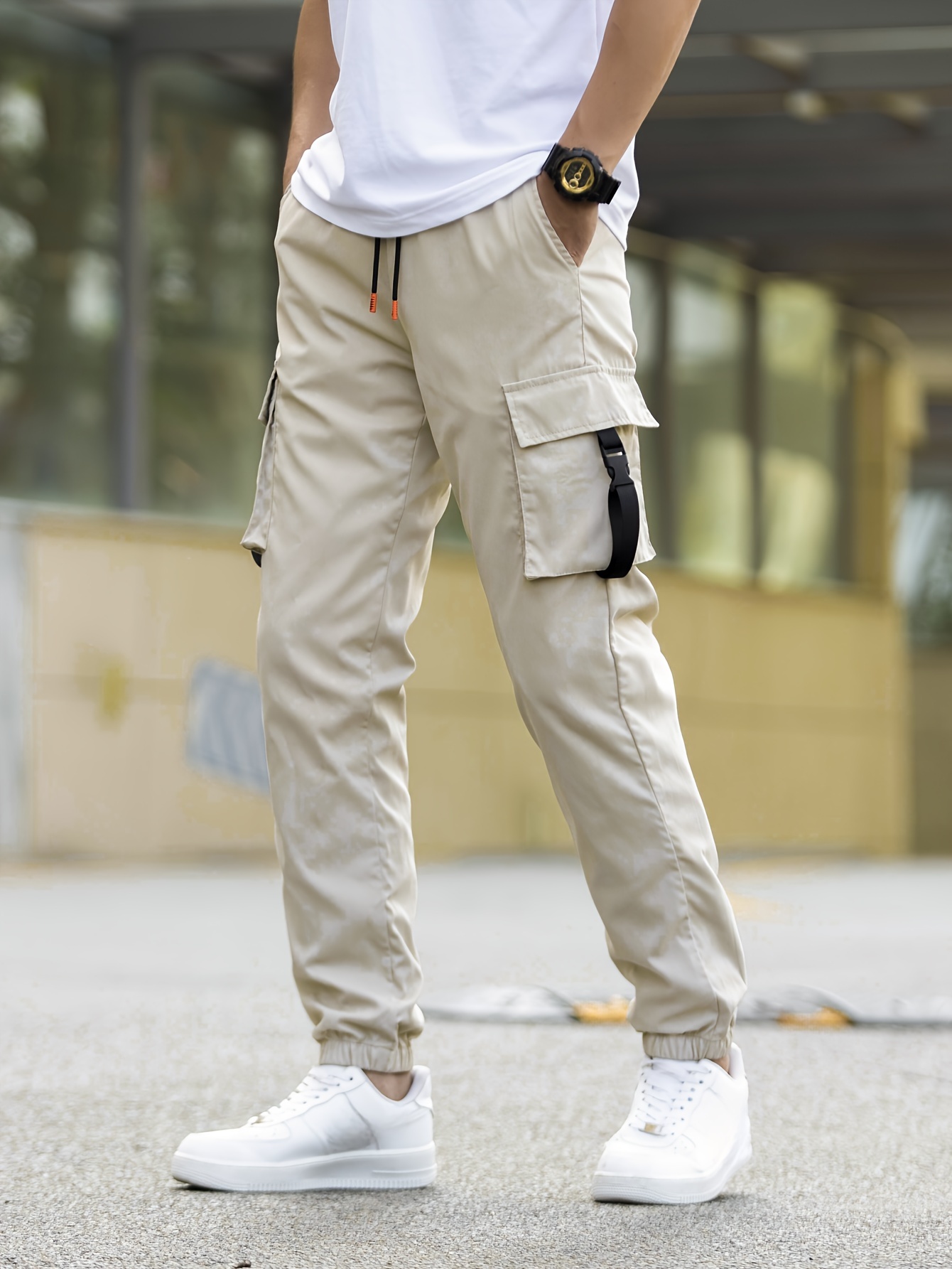 Classic Design Multi Flap Pockets Cargo Pants,Men's Loose Fit Drawstring  Solid Cargo Pants，For Skateboarding,Street,Outdoor Camping