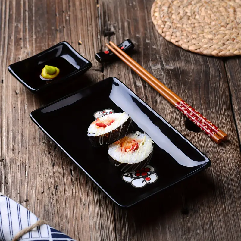 8pcs, Porcelain Sushi Sets Japanese Style - 2 X Sushi Plates, 2 X Dip  Bowls, 2 X Sticks Stands, 2 Pairs Of Bamboo Chopsticks For 2 Person