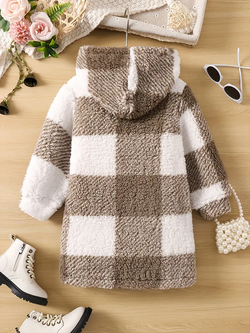 girls plush fleece plaid design winter warm hooded fuzzy overcoat for stylish and adorable look details 6