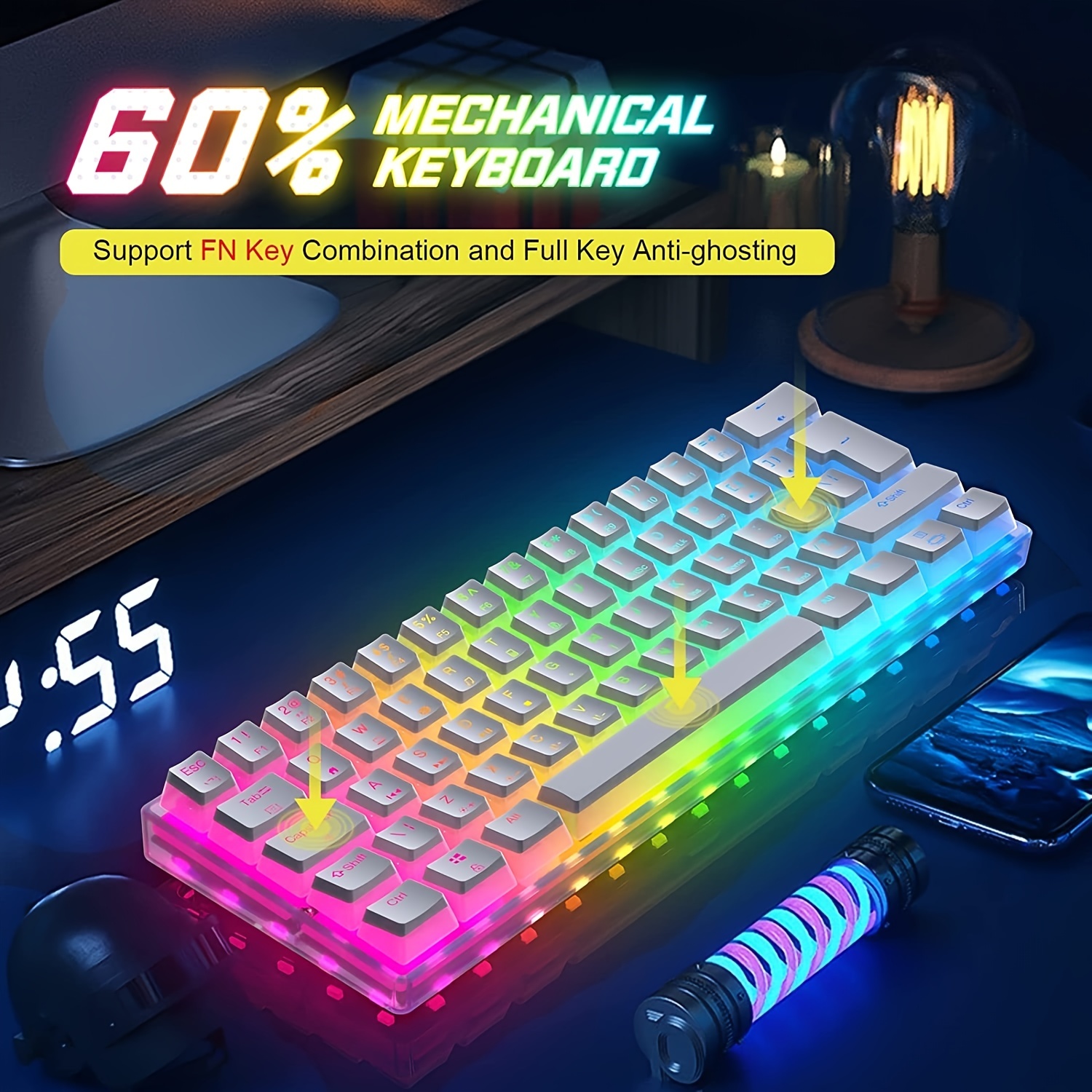 Wired Gaming Keyboard 60% True Mechanical Keyboard Mini Portable 62 Keys 19  RGB Chroma LED Backlit Full Keys Anti-Ghosting for Gamers and Typists
