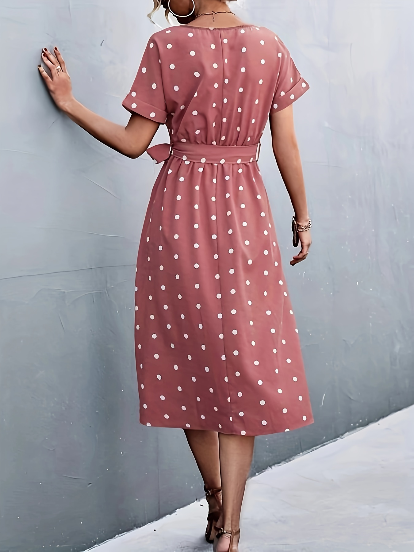 polka dot print crew neck dress casual short sleeve button decor belted dress womens clothing