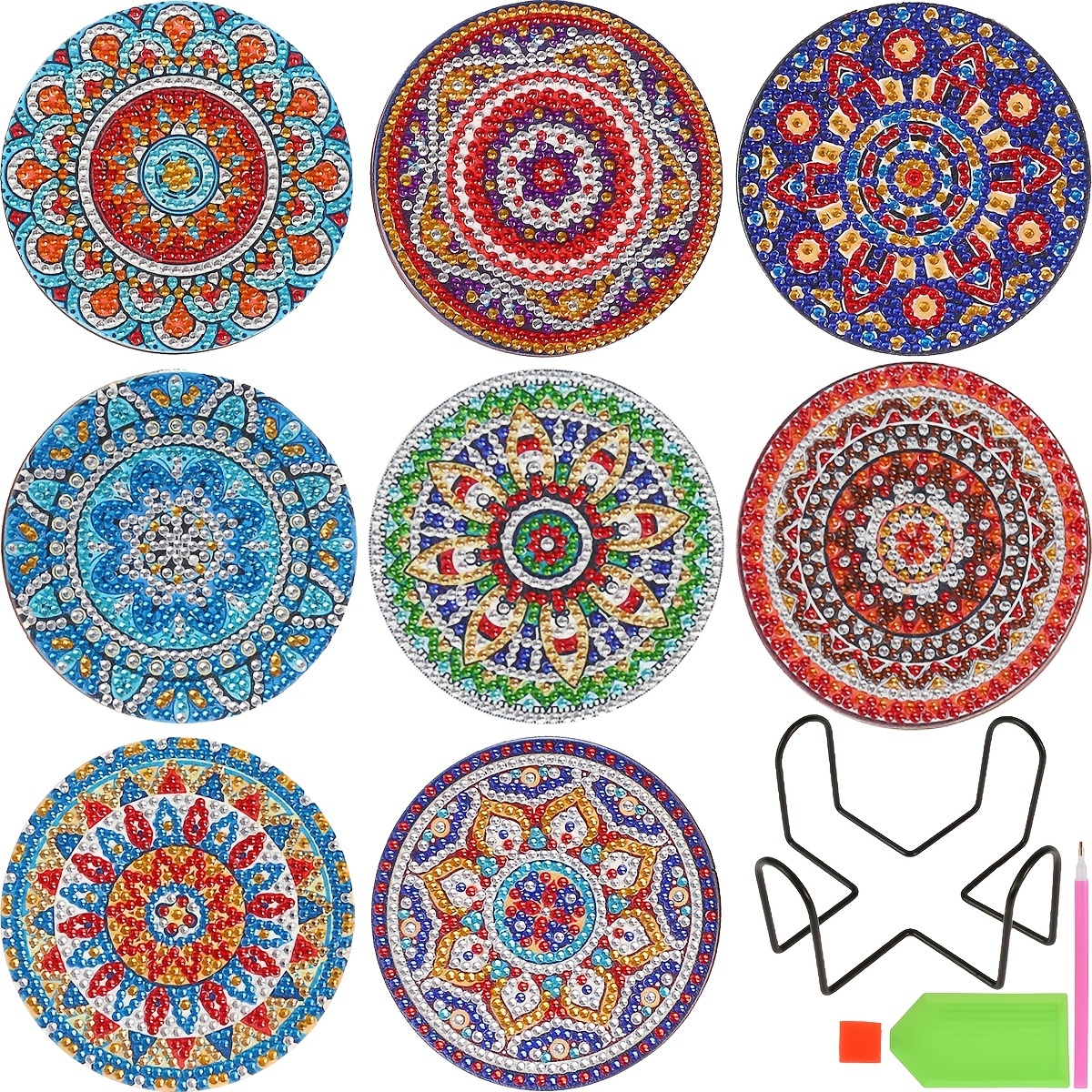 12 Pcs Diamond Art Coasters with Holder DIY Mandala Pattern Strong Adhesion Diamond  Painting Kits for Crafts 