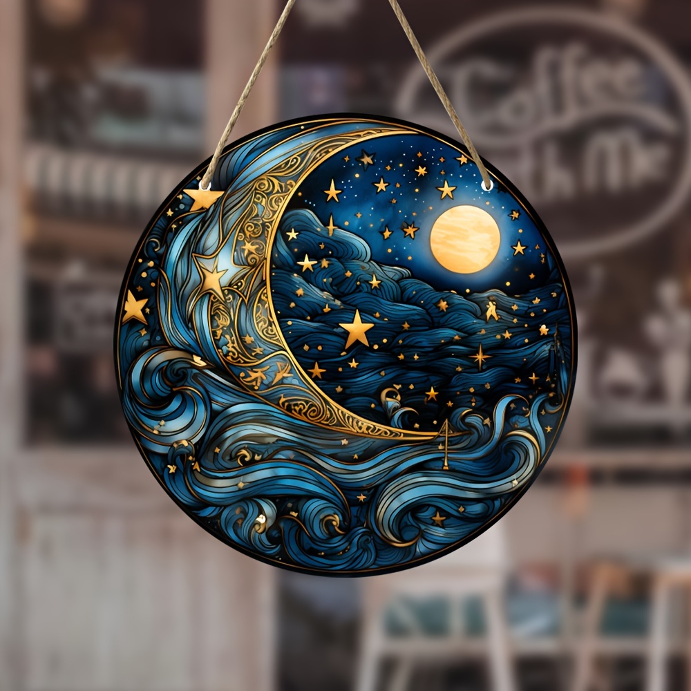 1pc, Moon And Star Painting Round Plaque Decor, Hanging Wooden Plaque,  Wooden Sign, Wooden Tag,  Wall/Room/Home/Restaurant/Bar/Cafe/Door/Courtyard/Gara