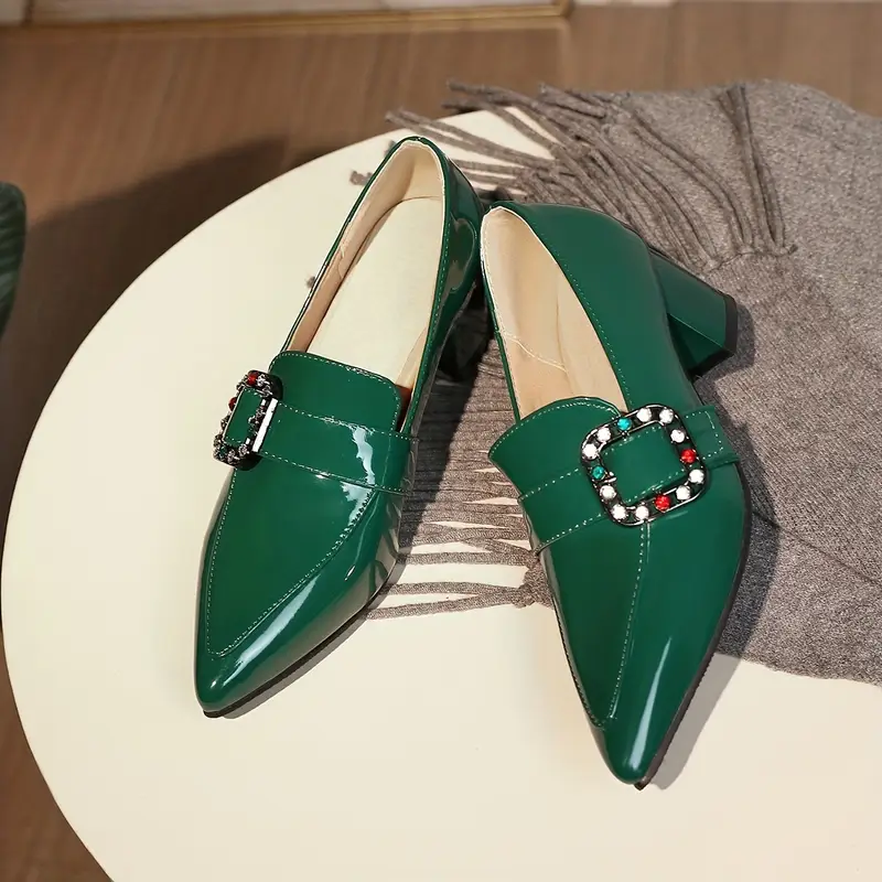 womens rhinestone decor chunky heels comfortable pointed toe slip on shoes womens fashion heels details 7