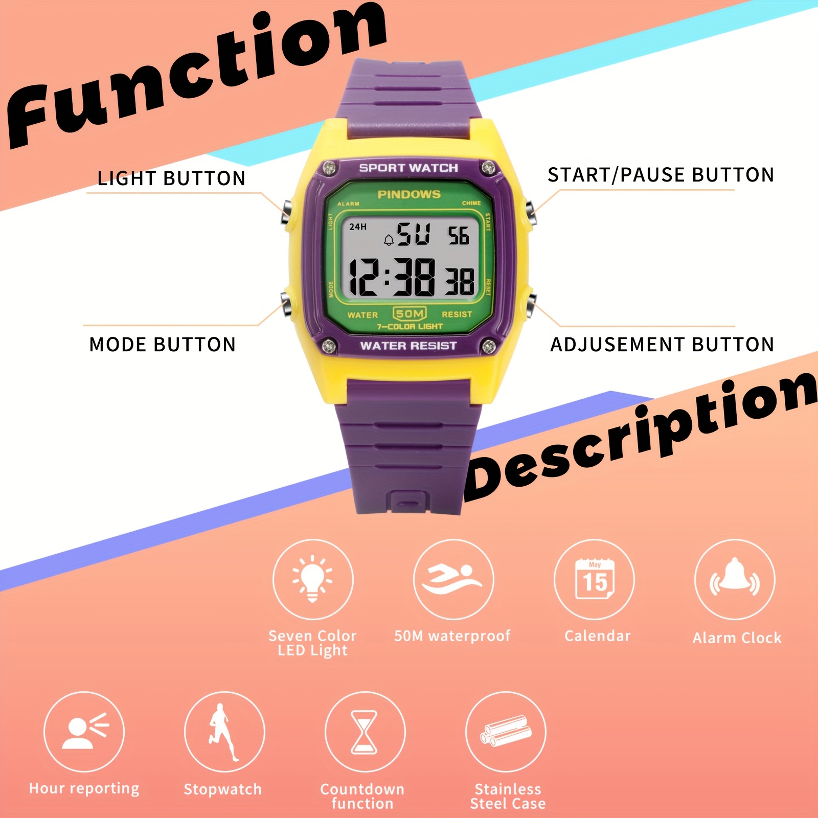 Relojes digitales para mujer con esfera grande, reloj de pulsera deportivo  para exteriores, cronómetro resistente al agua, calendario de alarma