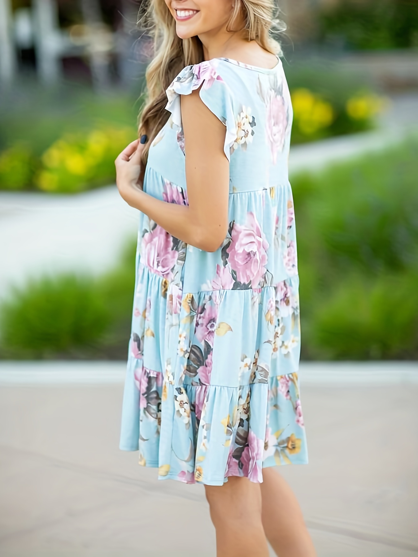 Floral Print Crew Neck Dress Casual Flutter Sleeve Layered - Temu