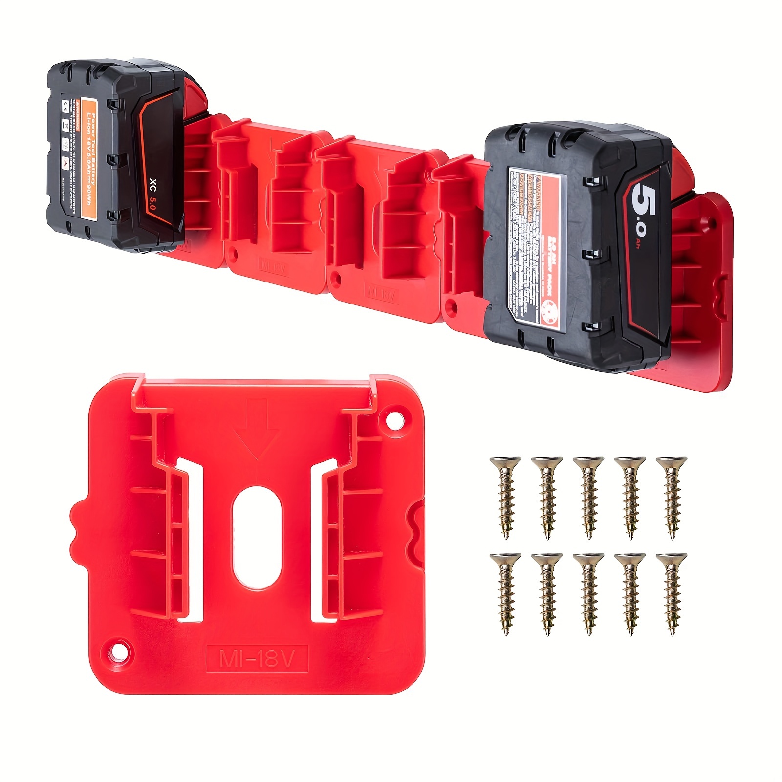 

Pack de 5 supports de batterie en plastique pour Milwaukee M18 18V - Rack de stockage de batterie mural modulaire avec installation facile et flexibilité de combinaison