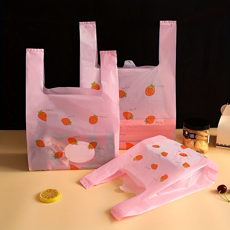 100 Pcs Pink Strawberry Plastic Bags for Shopping and Packaging