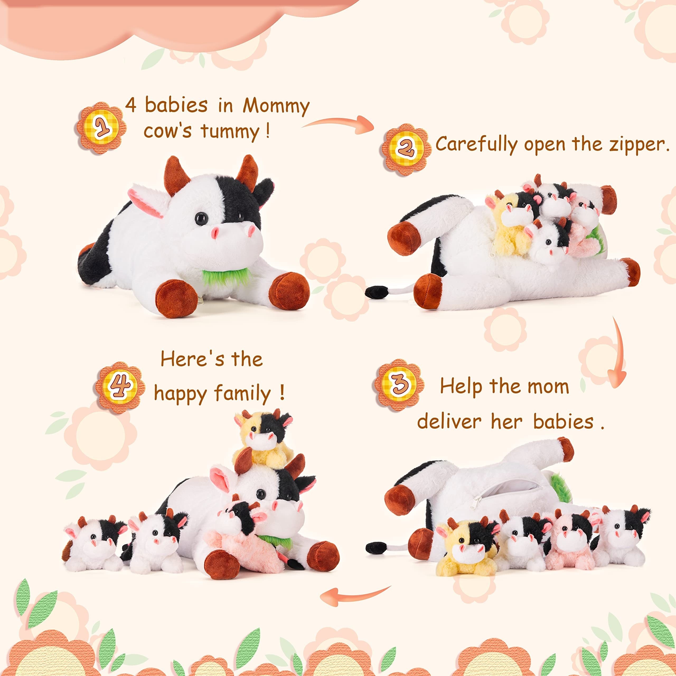 Sumind Juego de 5 animales de peluche de vaca con 4 vacas lindas en su  barriga, mamá vaca y bebé vaca de felpa pequeña para niños pequeños y niñas
