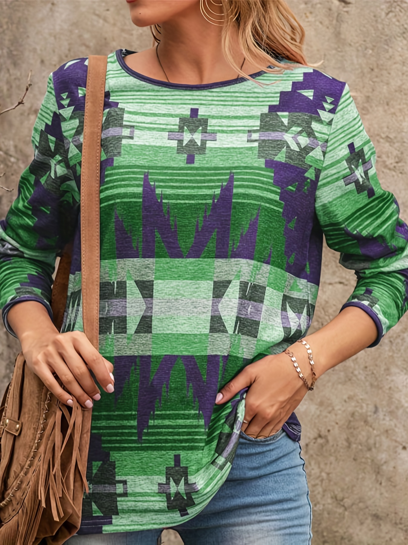 Aztec Print Knit Sweater Vintage Crew Neck Long Sleeve - Temu Canada