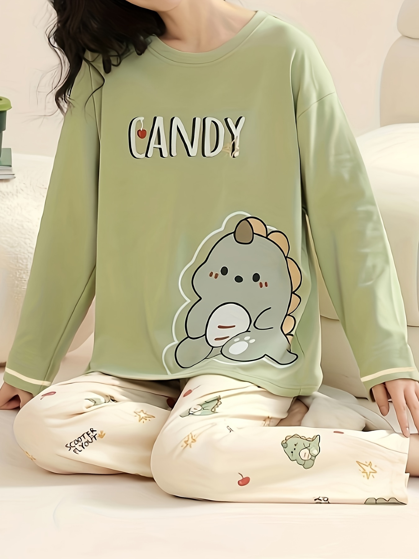 Cartoon Dinosaur Print Pajama Set Long Sleeve Crew Neck Top - Temu