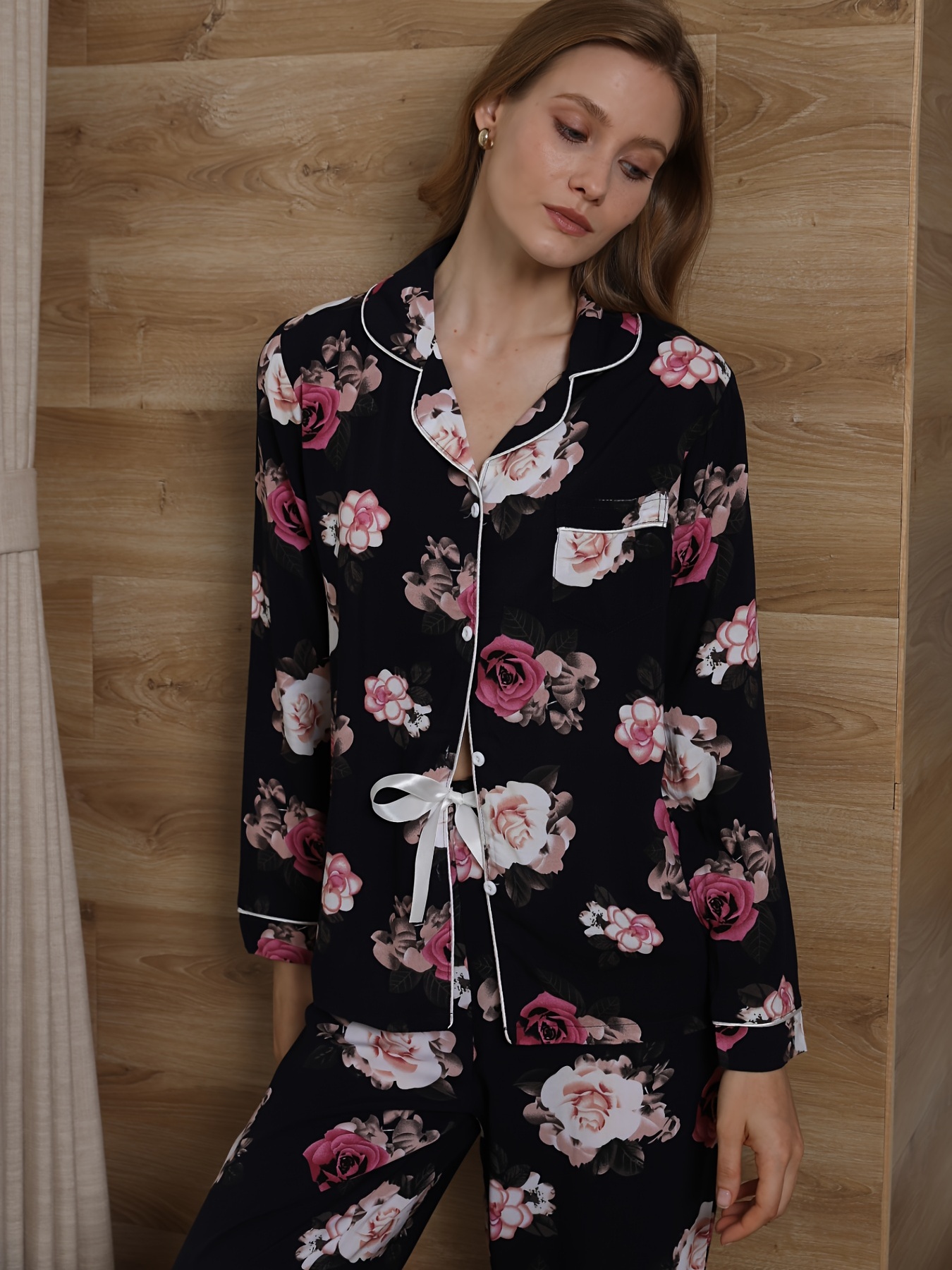 Soft Floral Pajamas Set, Lightweight Button Up Blouse Pajama Top & Elastic  Waistband Pajama Pants, Women's Loungewear & Sleepwear