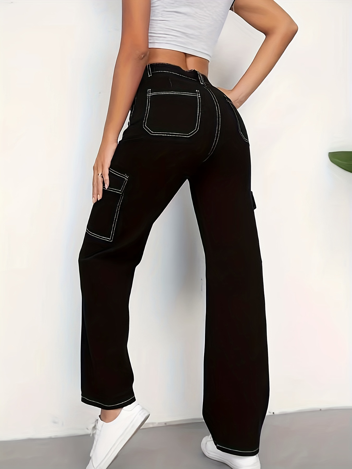 Black Flap Pockets Straight Jeans Loose Fit Non stretch High - Temu