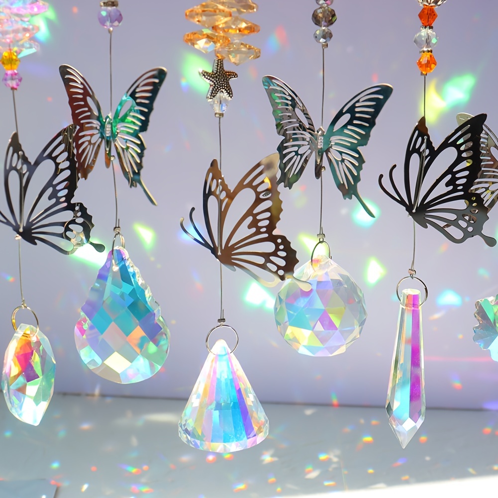 JTWEEN 7pcs Butterfly Crystals Suncatcher Beads Crystal Hanging