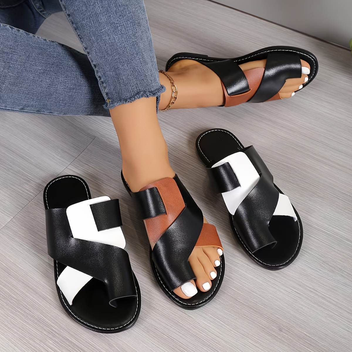 

Femmes Sandales À Glissière À Contraste De Couleur, Chaussures D'été Plates Décontractées À Boucle, Chaussures De Plage Légères