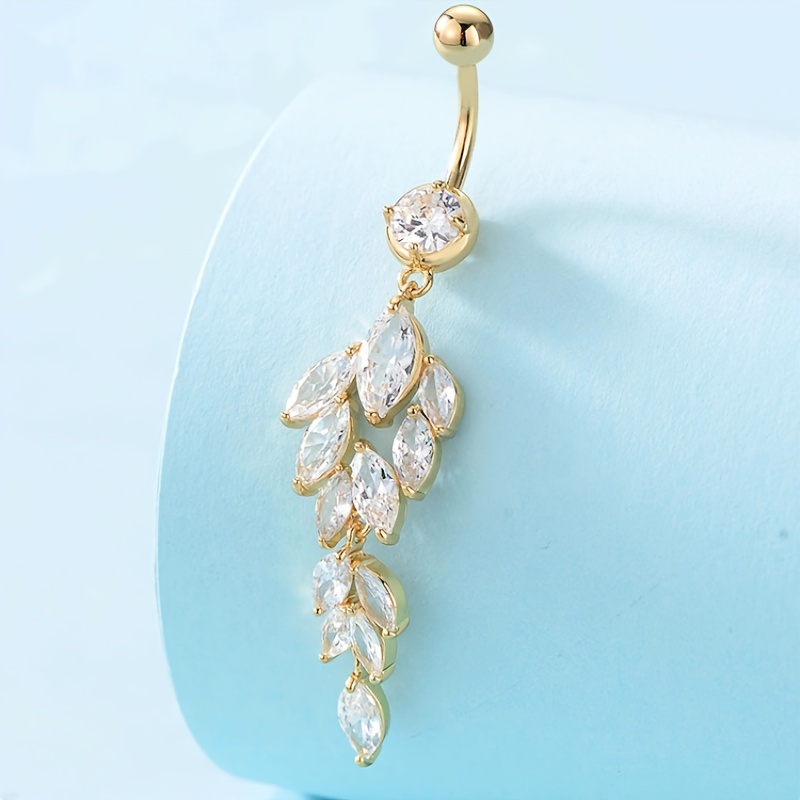 Long Leaf Shape Zircon Drop Belly Button Ring