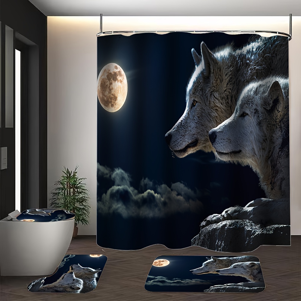 4/3/1 Pcs Bathroom Decor Full Moon Night of Wolf Cool Bathroom Set  Waterproof Shower Curtain Non-Slip Toilet Mat Rugs Set