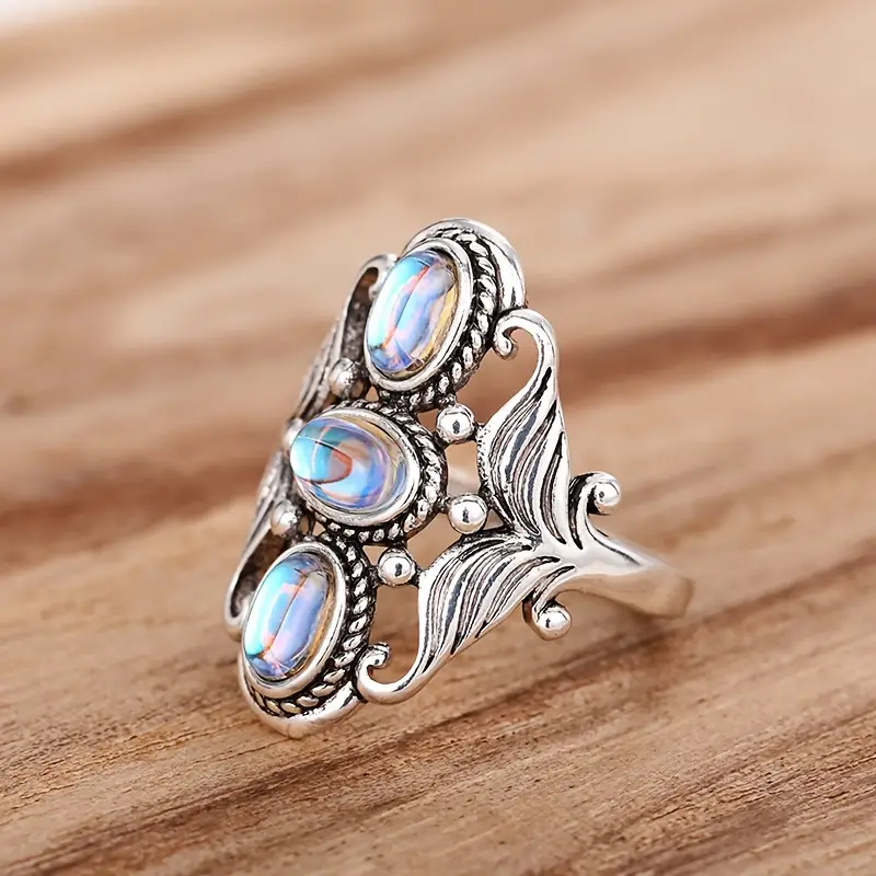 boho style ring silver plated paved a line of gemstone in egg shape symbol of beauty and elegance match daily outfits party accessory details 6