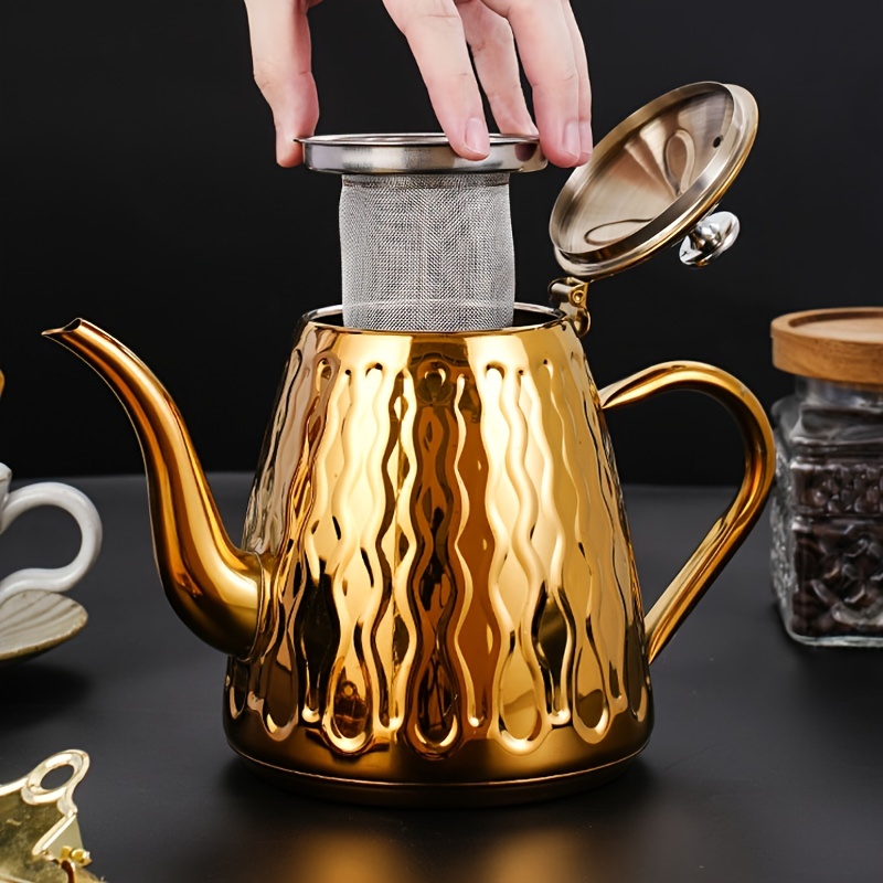 1L Stainless Steel Tea Pot Water Kettle Tea Kettle with Strainer for Home Restaurant (Golden)