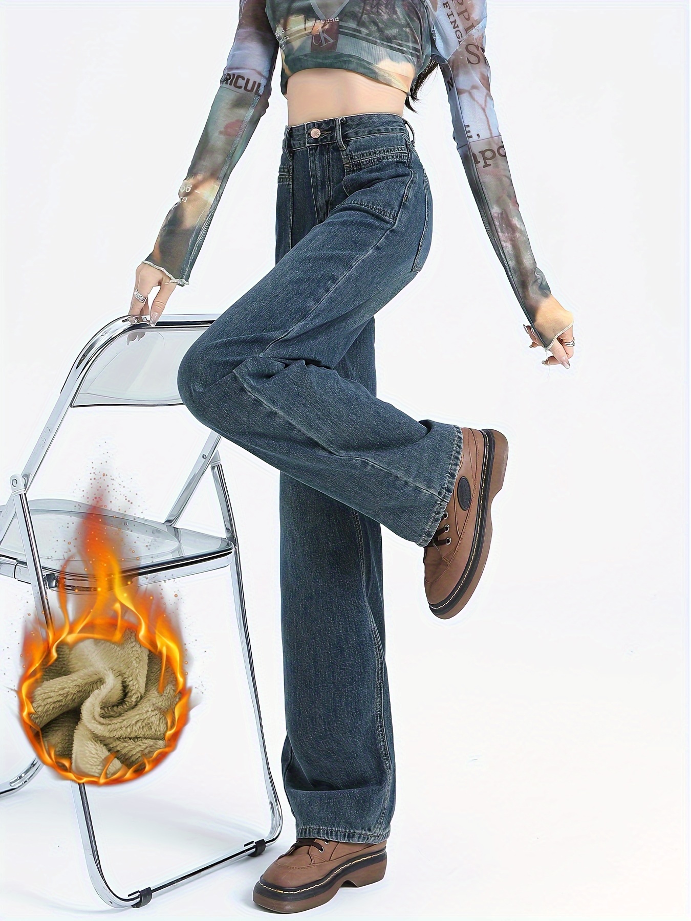 Women Winter Warm Flannel Lined Jeans Winter Warm Thicken Pants
