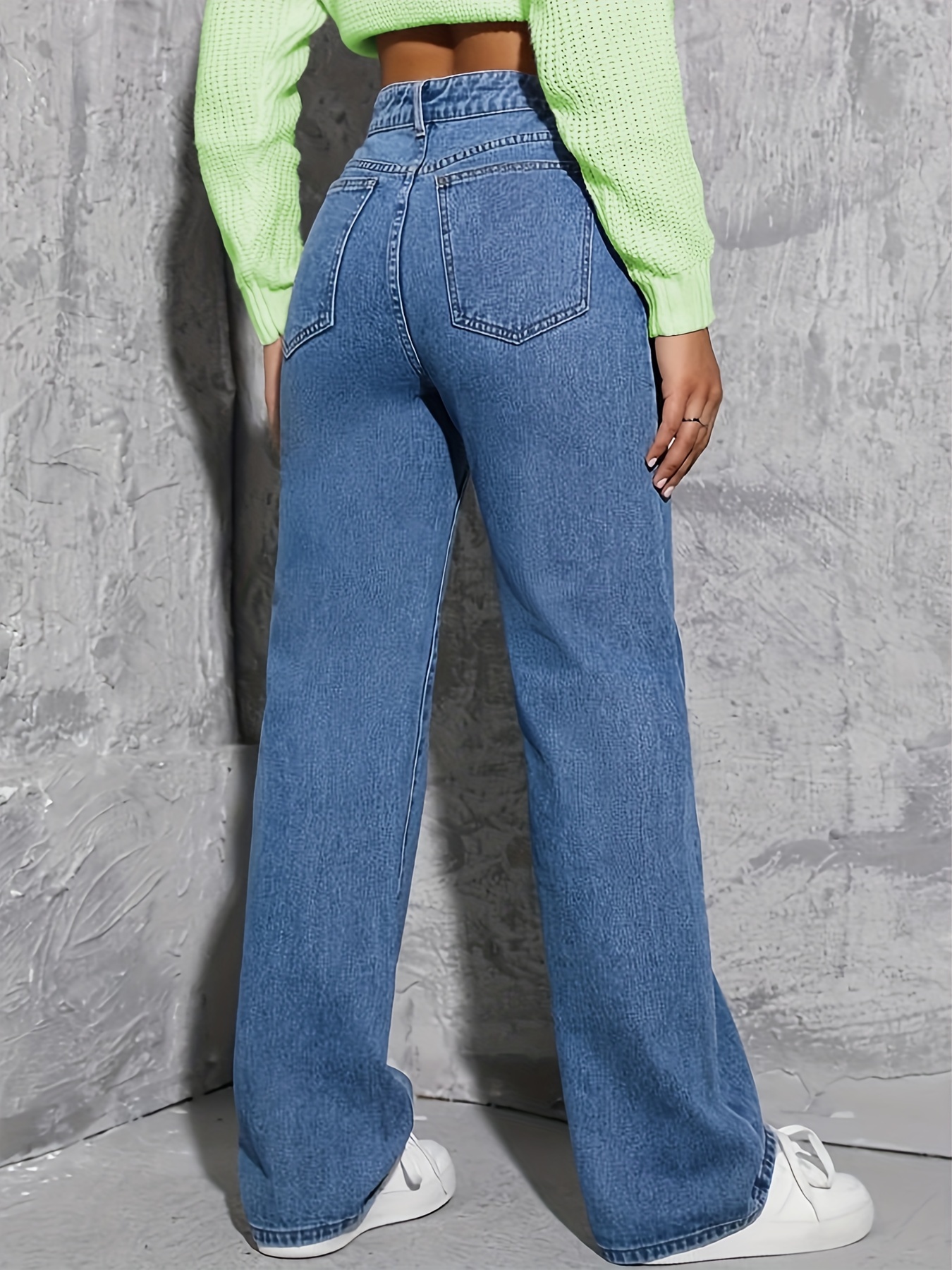 Blue High Waist Straight Jeans Loose Fit Slant Pockets - Temu