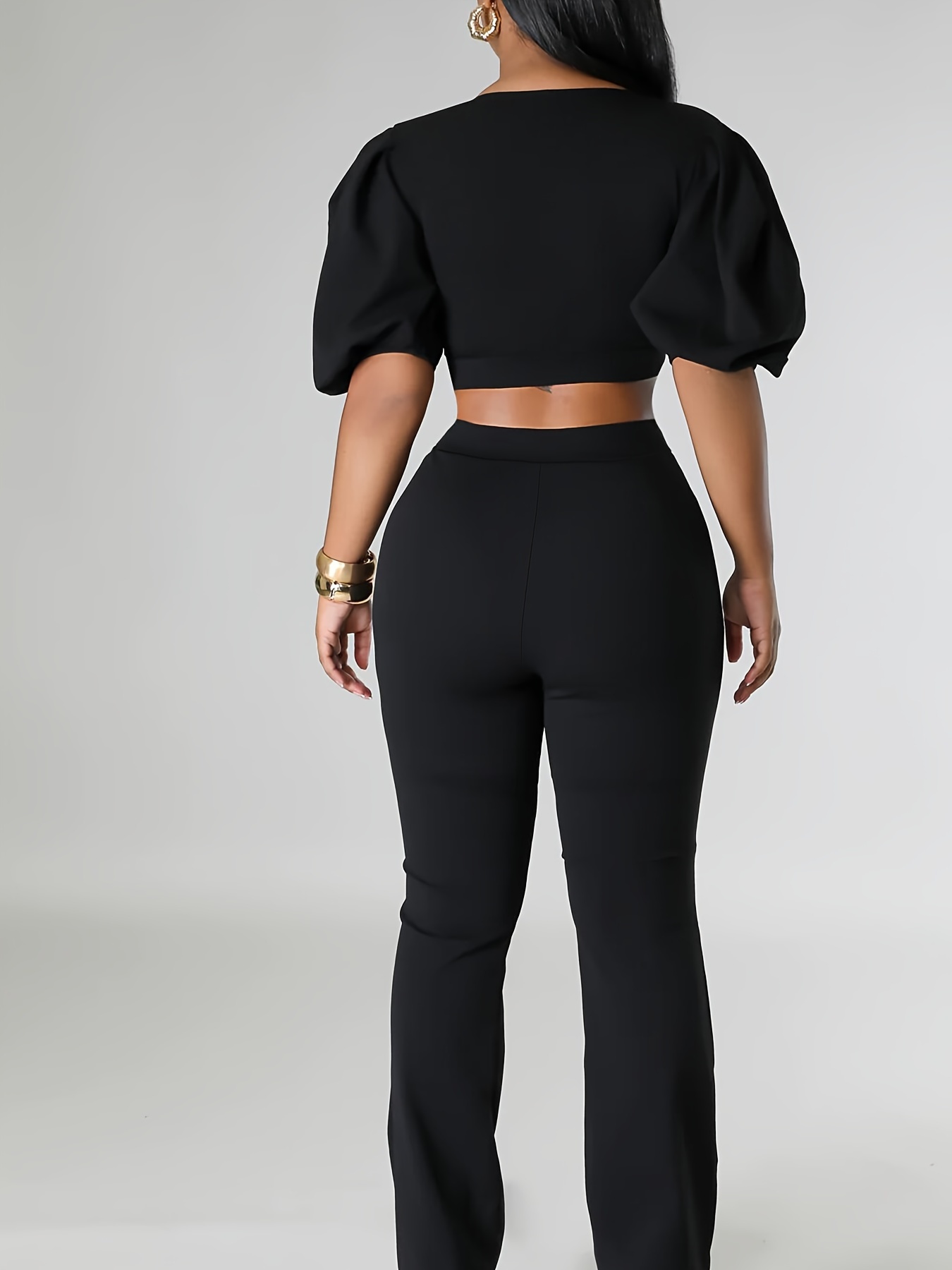 Casual Solid Two-piece Set, Puff Sleeve Crop Top & Flare Pants Outfits,  Women's Clothing
