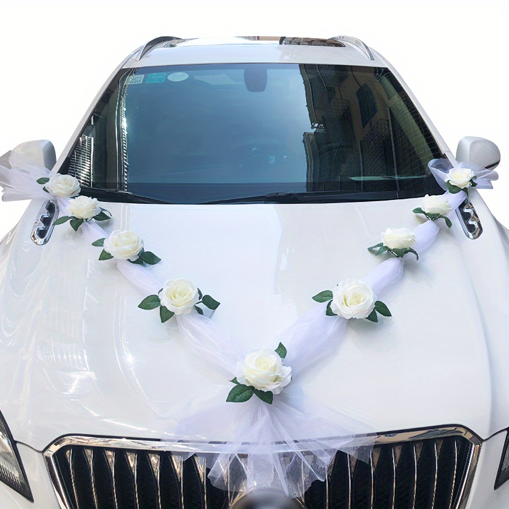 1 Kit de décorations de voiture de mariage, cœur d'amour, nœuds de fleurs  artificielles en