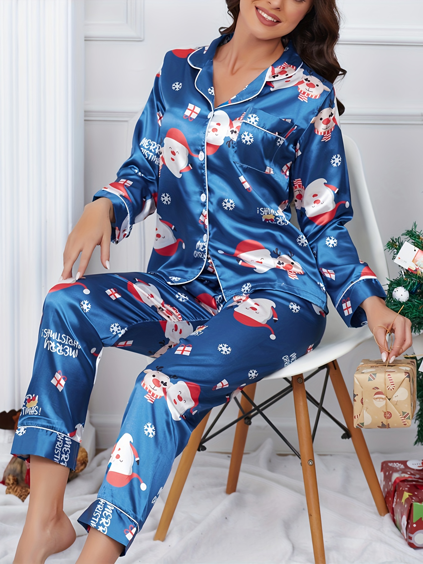  Family Christmas Pajamas Sets For Women,Women's Fashion  Loungewear 2 Pieces Xmas Print Sleepwear Pjs Set Blue : Sports & Outdoors