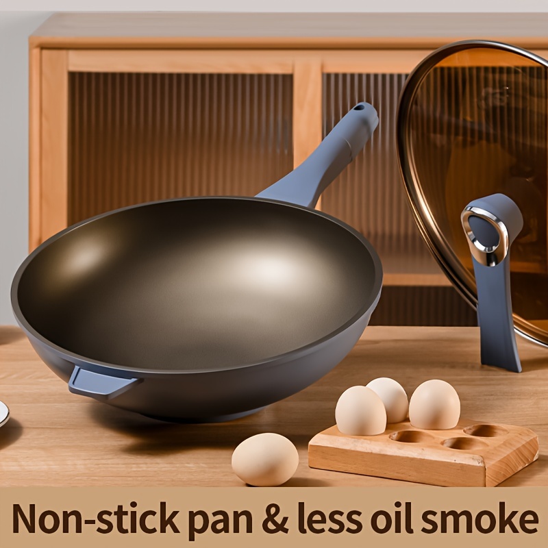 Large Wok Pan 2PCS Woks & Stir-Fry Pans Nonstick, 2 Wooden Handles Chinese  Wok for Electric, Gas, Halogen, Restaurant Kitchen Flat Bottom Wok