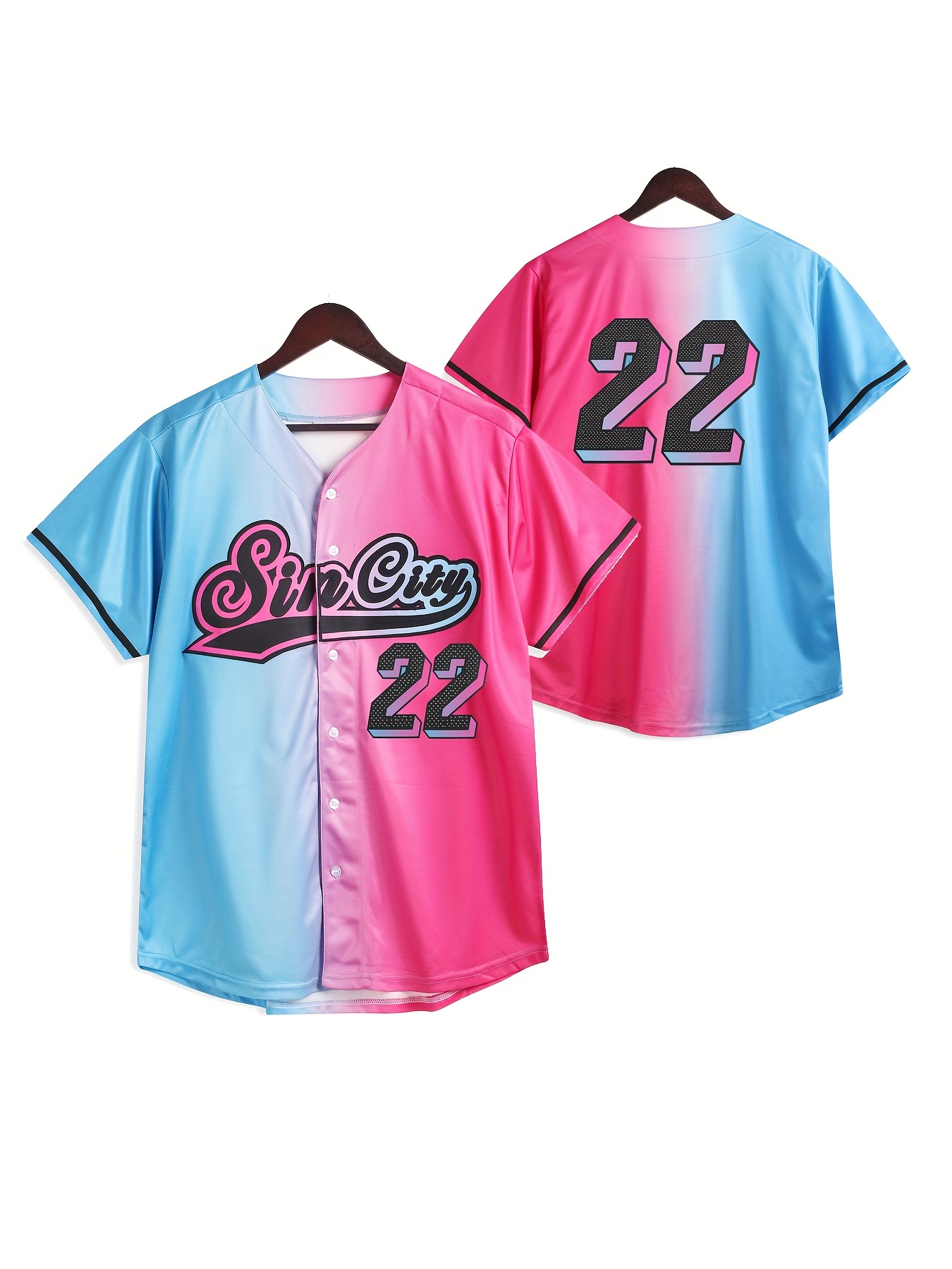 Men's Color Block #22 Baseball Jersey, Fashion Short Sleeve Baseball Shirt, Breathable Embroidery Button Up Sports Uniform for Training Competition