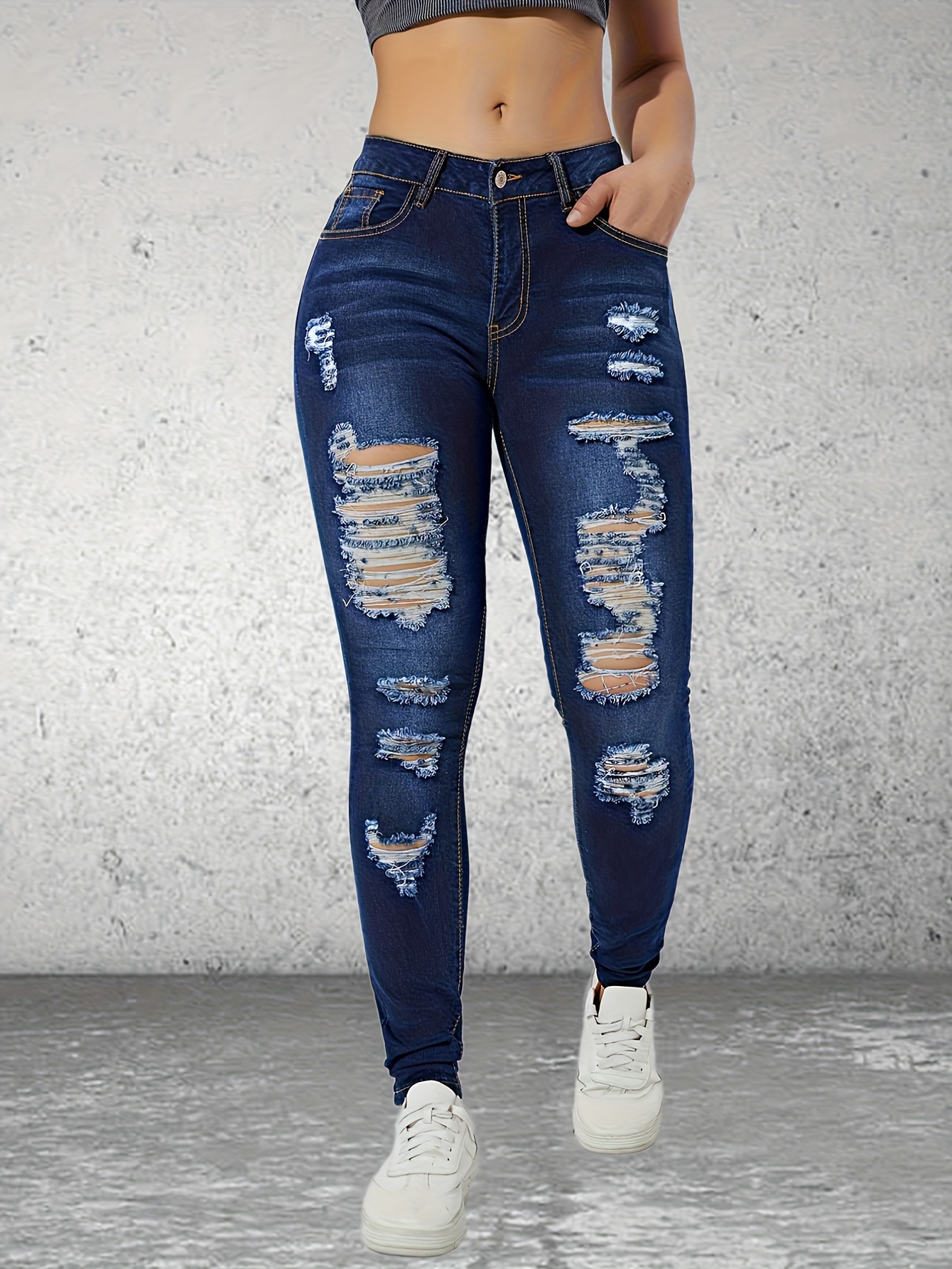 Blue Ripped Holes Skinny Jeans Slim Fit Distressed Slight - Temu Germany