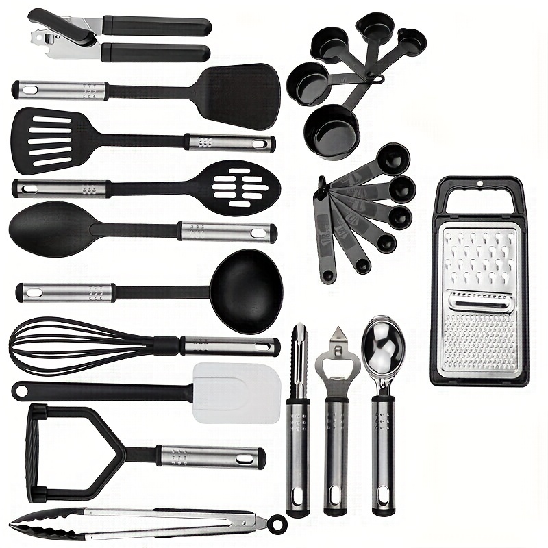  Kitchen Utensil Set-19 Pieces Cooking Utensils-Nylon Kitchen  Utensils - Nonstick Cookware With Silicone Spatula Stainless steel Kitchen  Tools Kitchen Gadgets Black : Home & Kitchen