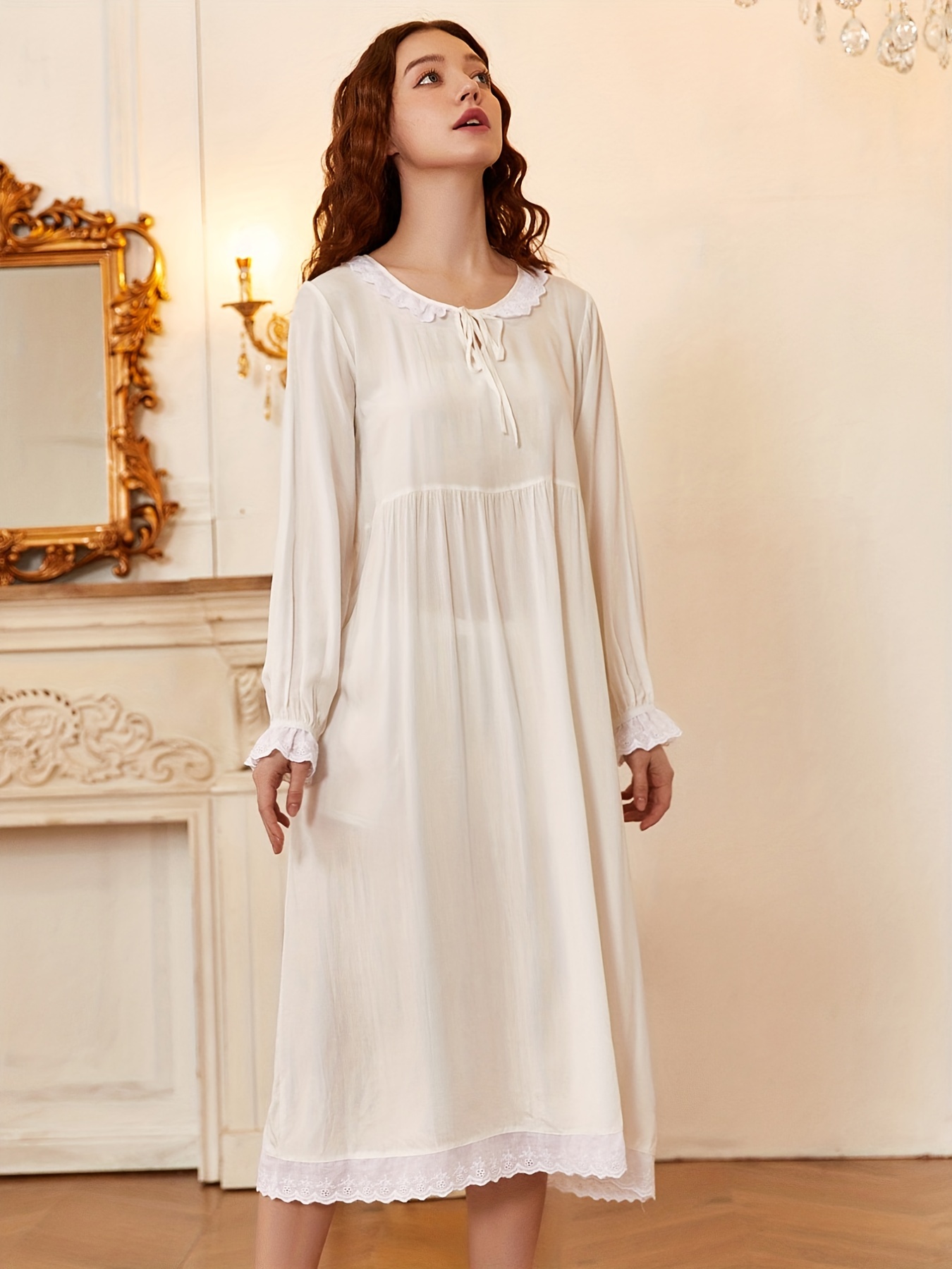 Contrast Lace Nightdress Court Style Sweet Cute Crew Neck - Temu