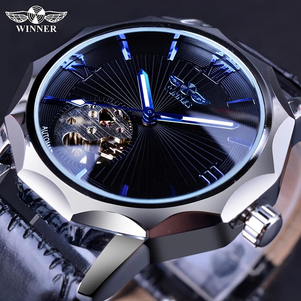 

T-winner Men's Luxury Automatic Mechanical Watch - Blue Ocean Geometric Design, Transparent Skeleton Dial, Stainless Steel Case & Pu Leather Strap