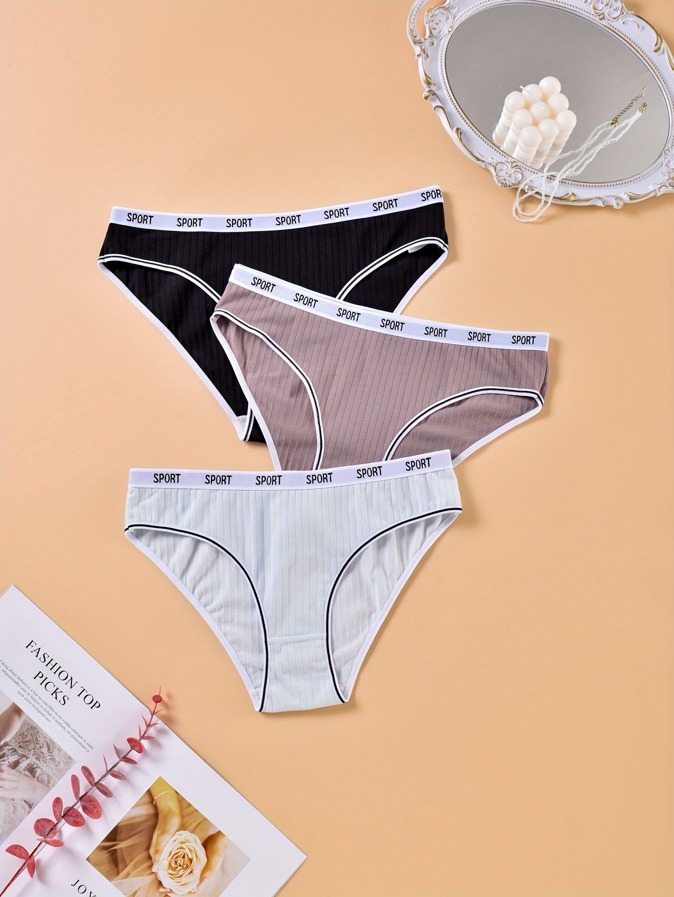 3pcs Women's Rib Underwear, Solid Color Comfortable Plus Size Women's  Panties