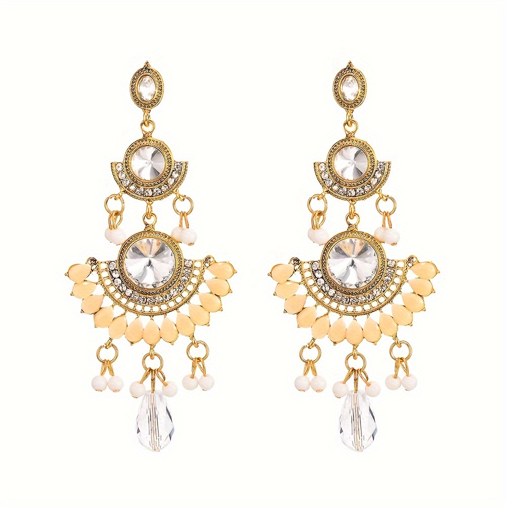 Boucles D'Oreilles Vintage Pendantes - Perles De Verre Facettées Bleues Et Strass - Style Rétro
